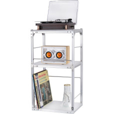 Plaadimängija stend koos vinüülplaatide hoidmisega, külglaudade stiil, plaadistend, hõbedane alumiiniumist ja akrüülist vinüülplaadistend, kaasaegne plaadilaud