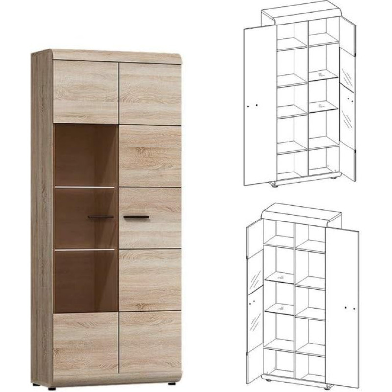Mööbel24 LINK vitriinkapp, seisev vitriinkapp, elutoa kapp, 2 uksega vitriinkapp (2 LED valgustusega)