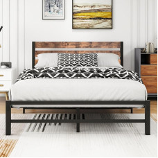 VERFARM kaasaegne metallist voodiraam, metallist voodiraam puidust peaplaadiga, voodiraam lamelliraamiga magamistuppa, külalistetuppa, lihtne kokkupanek, 140 x 200 cm, must/pruun