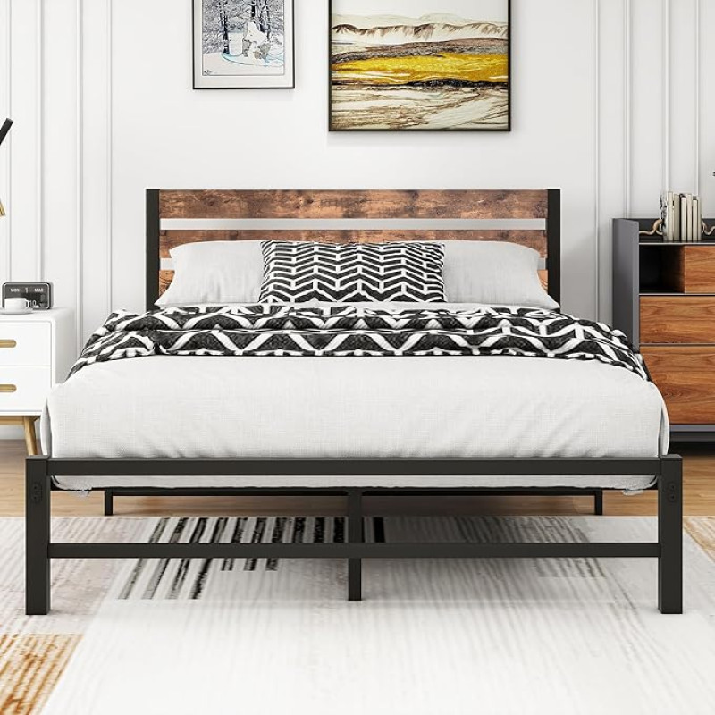 VERFARM kaasaegne metallist voodiraam, metallist voodiraam puidust peaplaadiga, voodiraam lamelliraamiga magamistuppa, külalistetuppa, lihtne kokkupanek, 140 x 200 cm, must/pruun