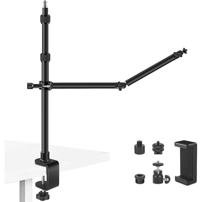Tinpops Desk Mount koos lisakinnitusvarrega, eemaldatav 2-osaline Magic Arm, ülalpool olev valgusalust, ülalpool olev telefonialust DSLR-kaamerale/täielikule valgusele/live striimimisele/veebikaamerale