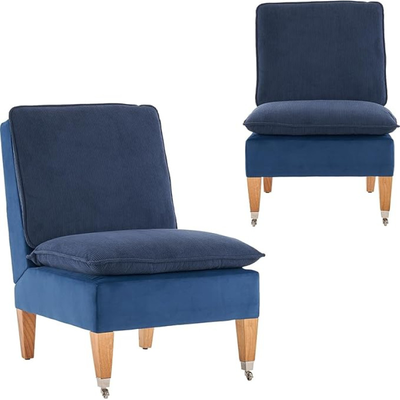 Fiximaster Armless Chair, kaasaegne lugemistool Corduroy Velvet Lounge Chair magamistoas kahe rattaga, sobib elutuppa, magamistuppa ja vastuvõturuumi (sinine)