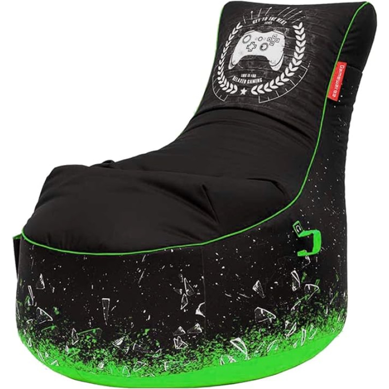 Gamewarez Toxic X-Ray Bean Bag - mängude kott, mängukott, siseruumides ja väljas mängijate tool koos seljatoega, küljetaskuga, ideaalne PS5, Nintendo Switch ja Xbox mängijatele, valmistatud Saksamaal, must/roheline