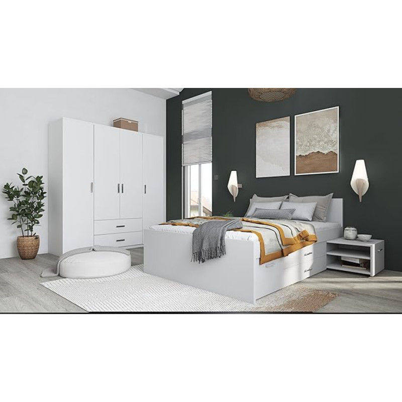 Inter Link - funktsionaalne voodi - hoiuvoodi - voodi sahtlite ja öökapiga - värvitud valge - täiskasvanutele, lastele, teismelistele - kaheinimesevoodi - Ranya voodi 140 x 200 cm