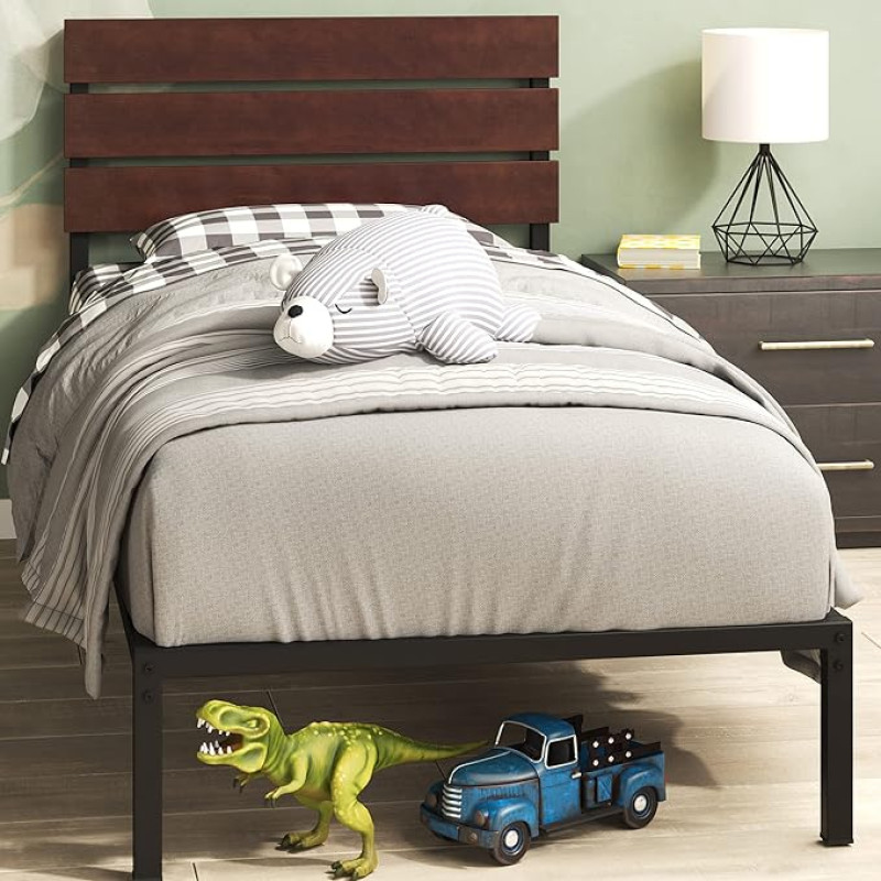 Zinus Figari üheinimesevoodi raam - voodi 90 x 190 cm - 31 cm kõrgus voodikastiga - jätkusuutlik bambusest ja metallist voodiraam koos peaplaadiga - pruun ja must