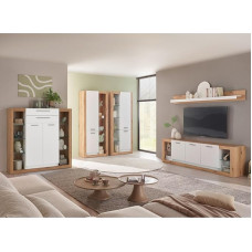 Moodne elutoa komplekt koos Highboardi, Lowboardi, seinariiuli ja 2 kappidega, tamme ja valge värvi, 5-osaline
