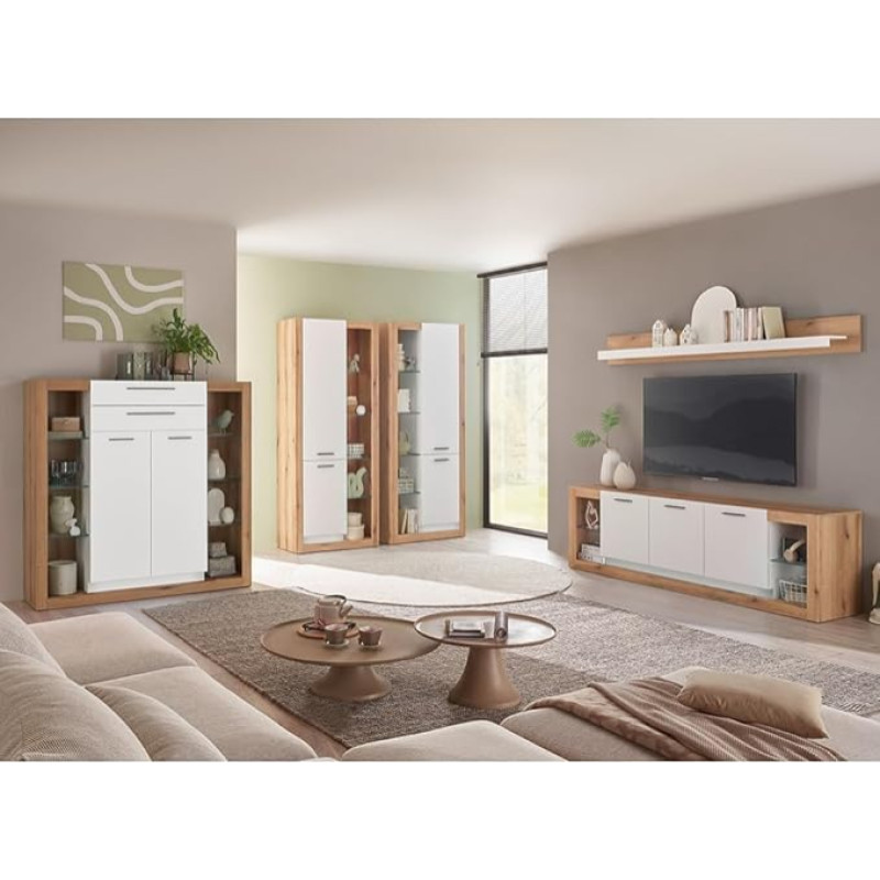 Moodne elutoa komplekt koos Highboardi, Lowboardi, seinariiuli ja 2 kappidega, tamme ja valge värvi, 5-osaline