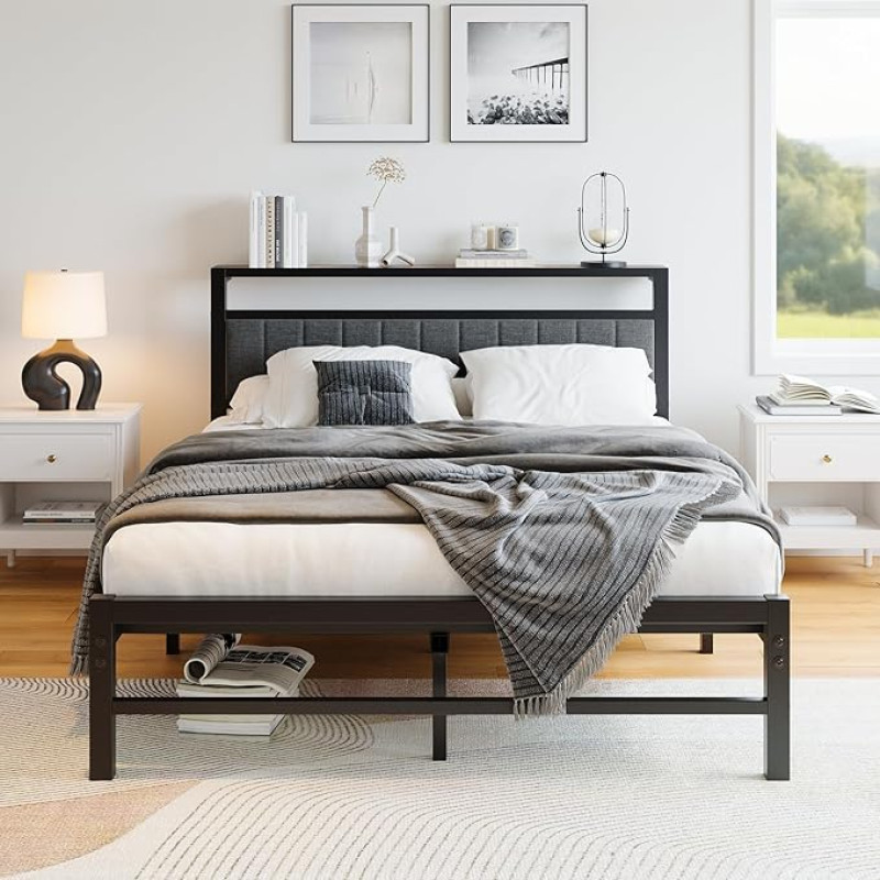 ARFARLY metallist voodi 140 x 200 cm voodiraam koos pehmendusega voodiraamiga Tugev lamellmadratsi alus Lihtne kokkupanek tumehall