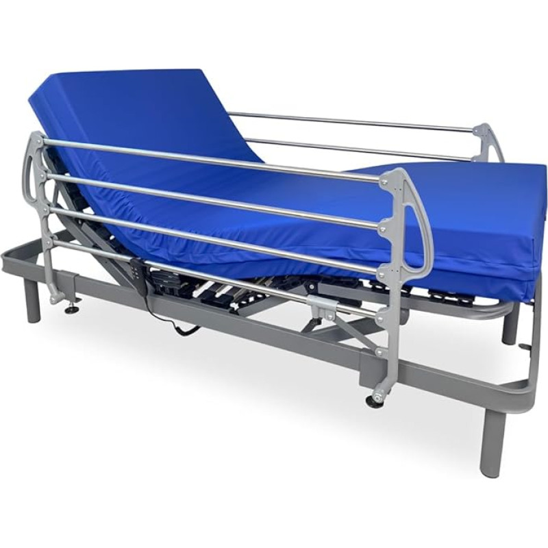 DUÉRMETE ONLINE Ergomedic Pro elektriline voodi liigendiga tugevdatud + hügieeniline viskoelastne madrats + roostevabast terasest käsipuu, puidust legeeritud teras, hall, 90 x 190 cm