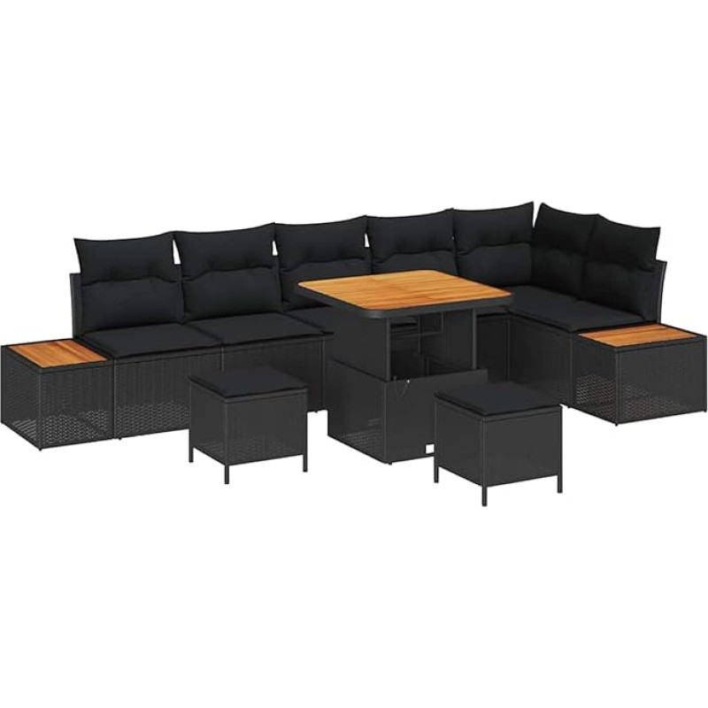 Rantry 9-teiliges Garten Sofa Set mit Kissen Schwarz Poly-Rattan Akazie Gartenlounge Model3362929