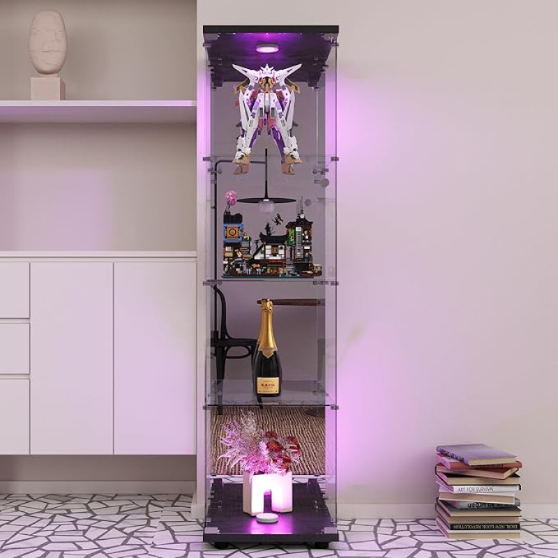 KOOPMAD klaasist vitriinkapp klaasist LED-valguse ja lukuga, kollektsioonikapp, klaasist vitriinkapp seisev vitriinkapp elutuppa, magamistuppa, 42 x 36 x 164 cm, 1 uks, 4 tasandit, must