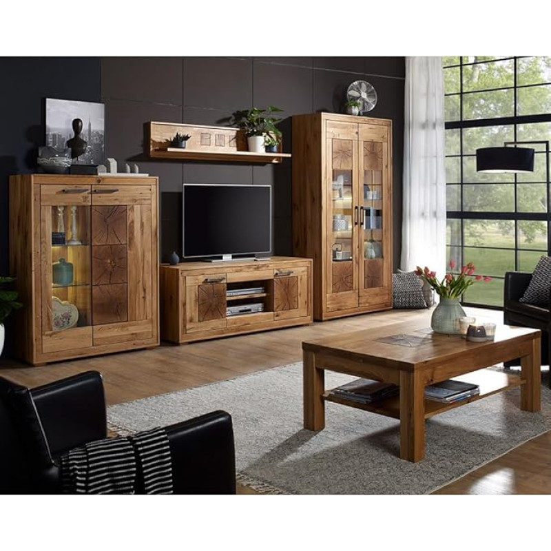 Elu mööblikomplekt Living Wall Unit Wild Oak Solid Oiled Mounted 5-osaline kaasaegne Highboard Wall Shelf Lowboard Display Cabinet Coffee Table