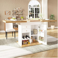 Oslghy pikendatav puidust söögilaud, köögilaud hoiuruumi sahtlitega, 110-140 x 80 x 75 cm, ristkülikukujuline teleskooplaud koos suupistete ja veiniriiuliga, kaasaegne köögi söögilaud (valge)