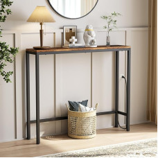 Flycity konsoollaud koos laadimisjaamaga, 100 cm kitsas konsoollaud, 2 pesa, 2 USB-pesa, puidust küljelaud, koridorilaud, väike laud elutuppa, sissepääsuks, Vintage pruun