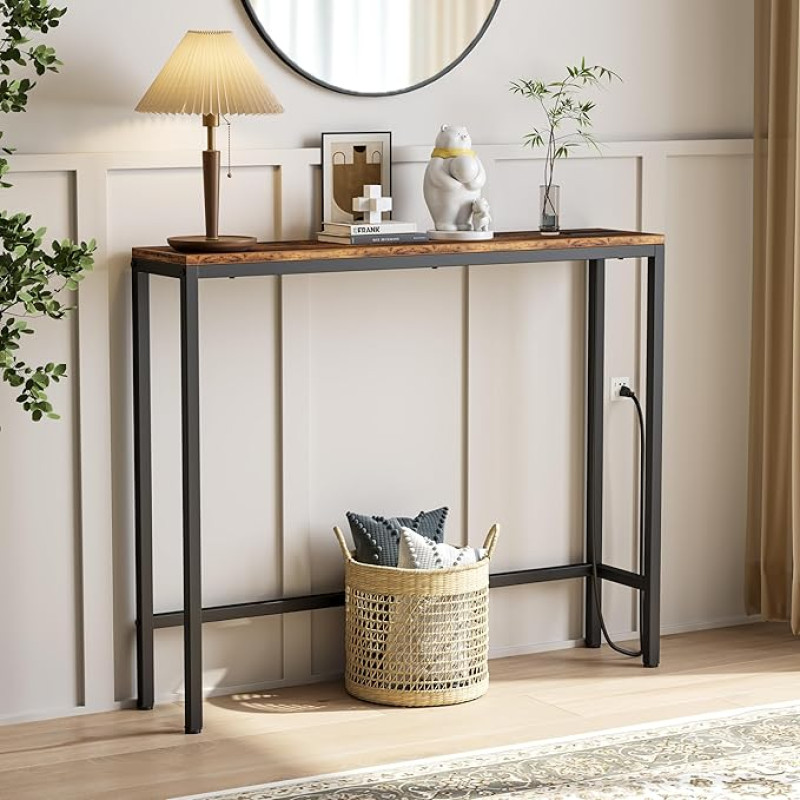 Flycity konsoollaud koos laadimisjaamaga, 100 cm kitsas konsoollaud, 2 pesa, 2 USB-pesa, puidust küljelaud, koridorilaud, väike laud elutuppa, sissepääsuks, Vintage pruun