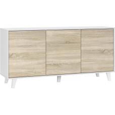 Dmora - Arvada Sideboard Modernne 3 ukse ja riiulitega küljepaneel, köögibuffet, elutoa disainibuffet, 154 x 40 x 75 cm, valge ja tammepuust.