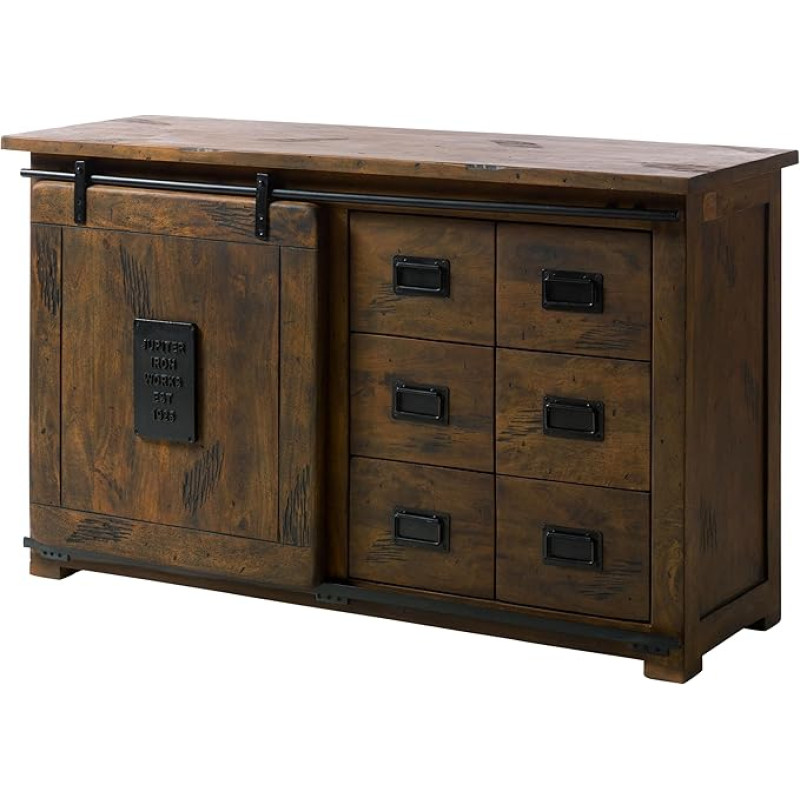 MASSIVMOEBEL24.DE Raudtee #421 Lai sahtlikapp, valmistatud täispuidust mangopuidust - pruunist õlitatud | 140 x 45 x 85 cm | 2 kambrit, 6 sahtlit - lükanduksega | Küljepoolne kapp