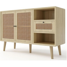 Azkoeesy Sideboard Buffet köögikapp, 2 rotangist ukse ja sahtliga, 120 x 40 x 80 cm, tammepuust, söögituppa, kööki, elutuppa.