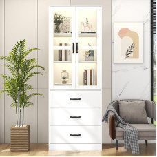 SUKY valge vitriinkapp 200 cm kõrge, seisev vitriinkapp 60 x 40 x 200 cm 3 sahtli ja 2 klaasukse vaheseinaga, 2 liikuvat LED-valgustit - stiilne täiendus teie kollektsioonile!