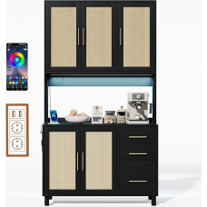 Kõrgus 183 cm Köögikapp, Buffet Kõrge kapp koos rakenduse poolt juhitava LED dekoratiivvalgustusega, 2 x USB, 2 x pistikupesa, reguleeritavad riiulid, rotangist kapp 3 sahtliga kööki, söögituppa