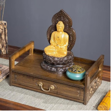 Altartisch aus Nussbaum-Bambus-Schrein mit Schublade, Kleiner Puja-Meditationsständer, 16,5