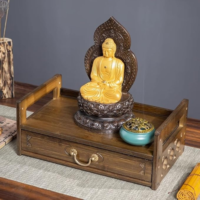 Altartisch aus Nussbaum-Bambus-Schrein mit Schublade, Kleiner Puja-Meditationsständer, 16,5
