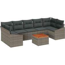 Rantry 8-teiliges Garten-Sofa Set mit Kissen Grau Poly Rattan Akazie Gartenlounge Model3356466