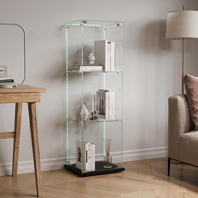 MASAJIA klaasist vitriin LED-valgustusega, 3 riiulit, seisev vitriinkapp, 123 x 39 x 35 cm, kollektsionääride vitriin elutuppa, kontorisse, raamatutele, veinile (must)