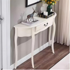 Konsolentisch Holz mit Schublade, Schmale Kommode Flur, HalbmondföRmiger Beistelltisch für die Veranda im Eleganten Vintage-Stil für Flur, Eingangsbereich und Foyer(White,120x30x85cm/47x12x33in)