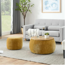 NICCAE 2-osaline komplekt, runder Chenille-Stauraum, ausgestattet mit einem trommelförmigen kleinen Hocker, Stauraum und MDF-Platte (Dunkelgelb, 63,5 x 63,5 x 37,3 cm)