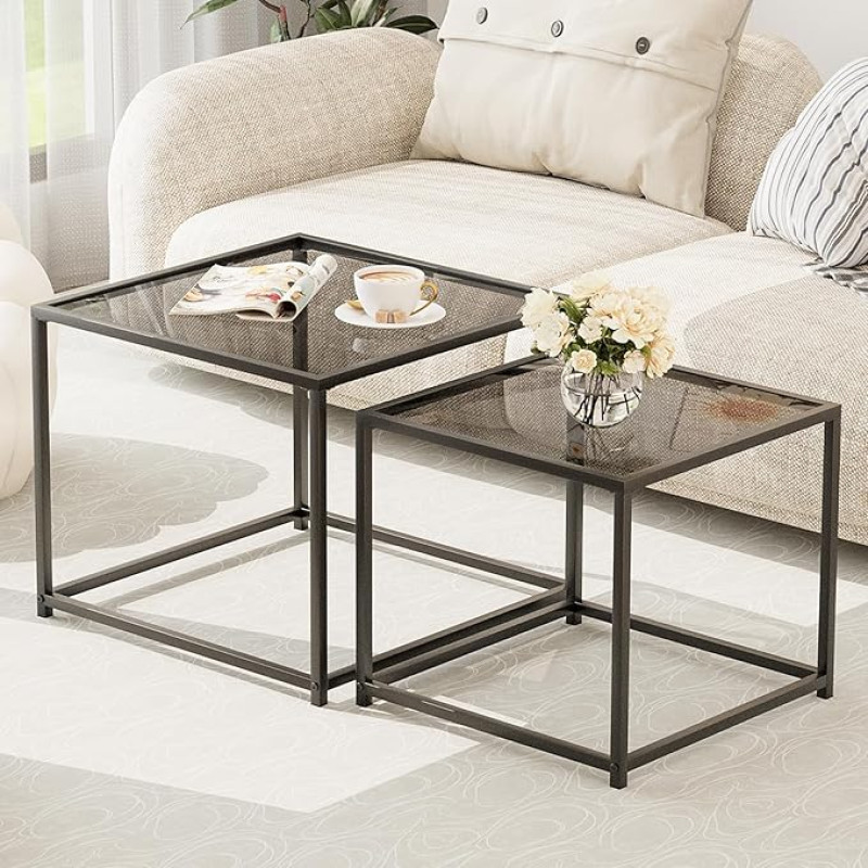 Garden 4 you kohvilaud 2-st komplektist, kaasaegne klaasist pesulaud, metallraamiga, ruudukujuline kesklaudade komplekt, küljelauad, kohvilaud elutuppa, magamistuppa ja väikestesse ruumidesse, 60 cm, Hall