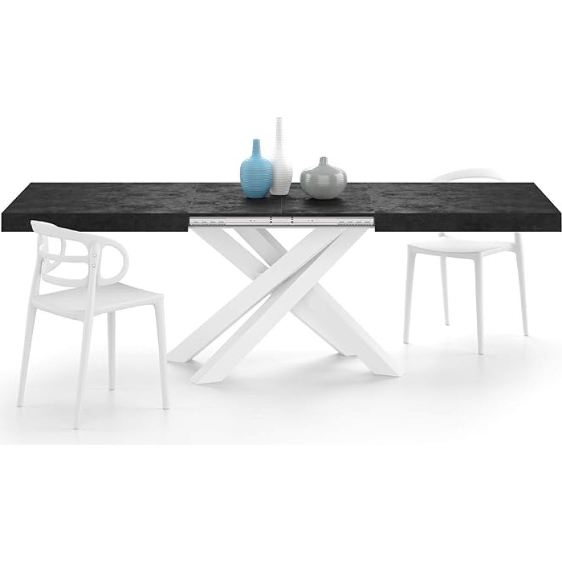 MOBILI FIVER, Emma 160 cm pikendatav laud, must betoon, valgete X-jalgadega, lamineeritud, raud, valmistatud Itaalias.