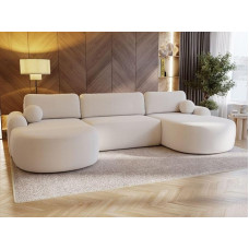 GRAINGOLD Aurio nurgadiivan magamisfunktsiooniga ja voodikastiga 377 x 177 cm, U-kujuline diivan hoiuruumiga, diivanvoodi elutuppa, bukleekangas, 5-kohaline elamusmaastik, kaasaegne disain (valge)