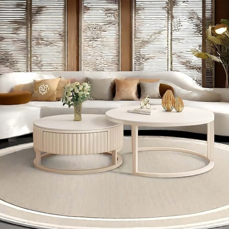 MDXVRKYBC 50 + 70 cm ümmargune kohvilaud 2 valge kohvilaudade komplekt koos hoiuruumiga, massiivne raam harjatud metallist + kuumakindel kiviplaat, elutoa laud, diivanilaud, sisseehitatud küljelaud