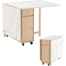 Kokkupandav söögilaud, kokkupandav laud ruumi kokkuhoiuks, Drop-Leaf söögilaud 2 sahtliga ja 4 rattaga, pikendatav söögilaud elutuppa, kööki, talumajapidamisse (puitmarmor)