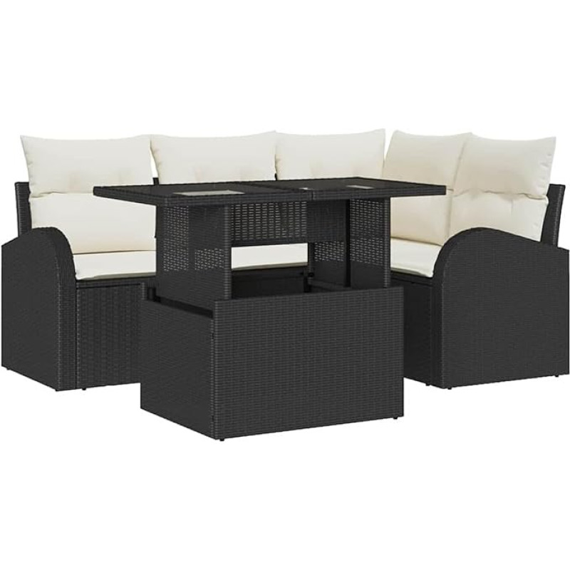 5-teiliges Garten Sofa Set mit Kissen Schwarz Poly Rattan, 2-Sitzer Garten Sofa mit Stauraum & Kissen Schwarz Poly Rattan Gartenlounge Model3357370