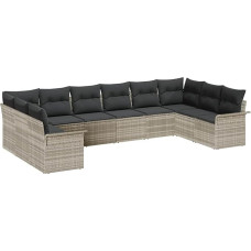 10-teiliges Garten Sofa Set mit Kissen Hellgrau Poly Rattan, 2-sitzer Garten Sofa mit Stauraum & Kissen Hellgrau Poly Rattan Gartenlounge Model3354211