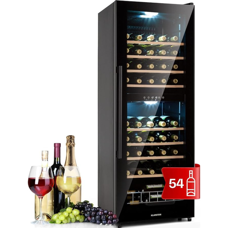 Klarstein Wine Refrigerator, Drinks Fridge Slim, 2 Zone Fridge with Glass Door, Drinks Refrigerators Freestanding, Wine Fridge Small, Wine Refrigerators with UV Protection, 5-18°C, 54 Bottles