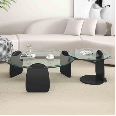 MQXDNFDC klaasist kohvilaud, 2 tk, kaasaegne keskne laud, ümmargune akentne kokteililaud puidust alusega, minimalistlik teelaud, ümmargune kohvilaud elutuppa (35