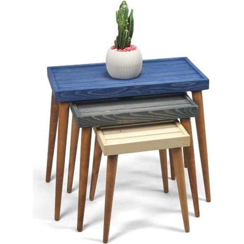 MOBENTA Rustikale Massivholz 3-teilige Nisttische mit Lattenplatten - Handgefertigtes platzsparendes Beistelltisch-Set