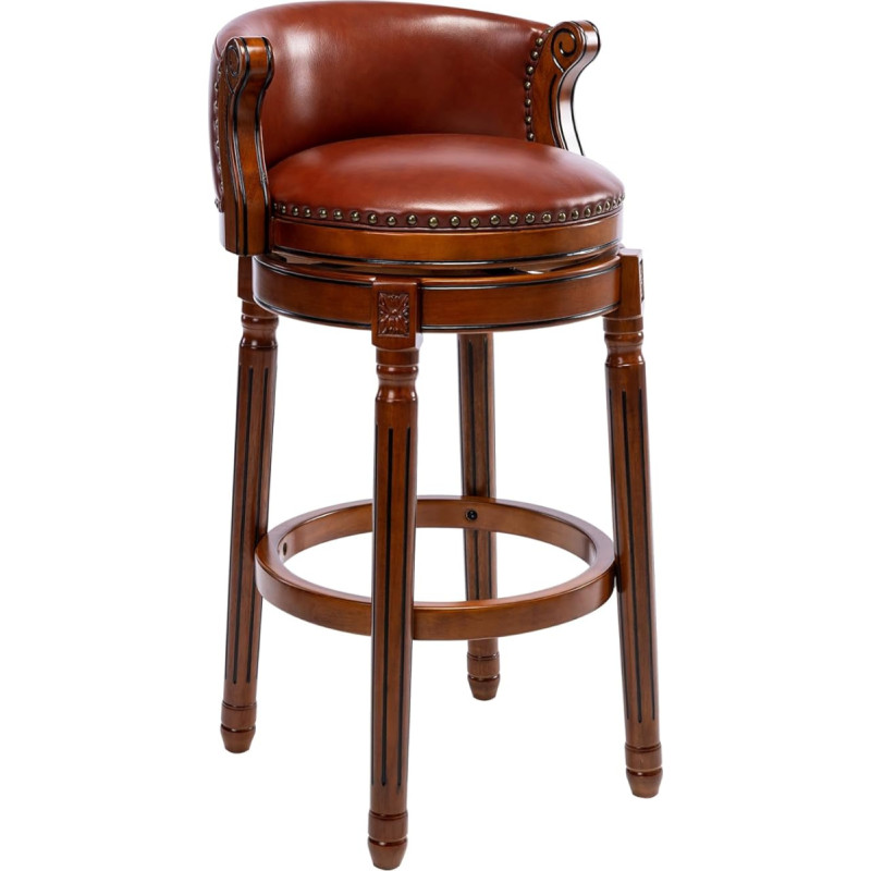 Puidust baaritooli - 360° pöörlev baaritooli seljatoega, ehtne nahast iste, käsitsi valmistatud naelapea kaunistusega, massiivne kummist raam, vintage baaritool kööki ja baari jaoks (pruun, istme kõrgus - 75