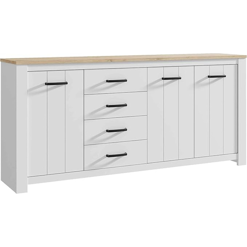 FORTE Elara kapp 3 ukse ja 4 sahtliga, komposiitpuit, Matt valge / Bianco tamm, 206 x 95,7 x 42,2 cm