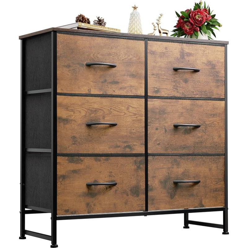 WLIVE 6 sahtliga riidest kapp, kapp magamistuppa, elutuppa kapp koos tugeva terasraamiga, puidust ülemine osa, vintage pruun/must