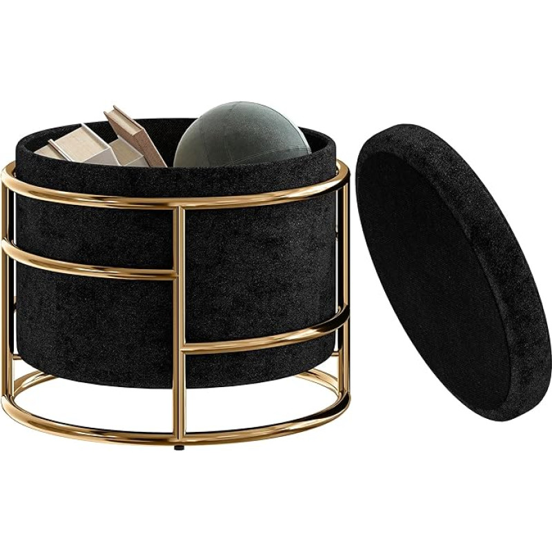 HOMCOM Hoiuruumiga väljaheide, väike kaanega väljaheide, ümmargune polsterdatud väljaheide terasraamiga, jalatugi elutuppa, magamistuppa, 42 x 42 x 39 cm, must