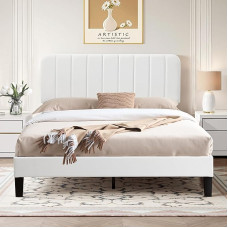 VECELO Doppelbett, gepolstert, 140 x 190 cm, Kopfteil, verstellbar, Lattenständer aus robustem Holz, Samt, einfach zu montieren, Weiß