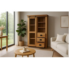 SAM Libro vitriinkapp Täispuidust akaatsia + naturaalset värvi klaasist vitriinkapp klaasist lükanduksega, 3 sahtlit ja 7 avatud sektsiooni, ukseelemendid ja raal valurauast, 100 x 175 x 43 cm.