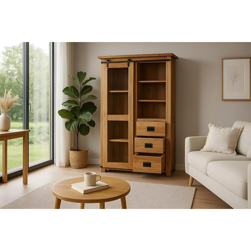 SAM Libro vitriinkapp Täispuidust akaatsia + naturaalset värvi klaasist vitriinkapp klaasist lükanduksega, 3 sahtlit ja 7 avatud sektsiooni, ukseelemendid ja raal valurauast, 100 x 175 x 43 cm.