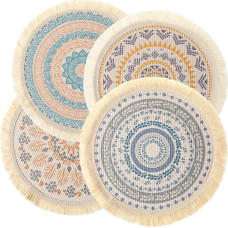 ARTIBETTER 4 Stück Boho Runde Platzdeckchen aus Baumwolle mit Fransen Hitzebeständig Schützend Strapazierfähig als Tischsets für Küche Esstisch Warme Speisen und Dekoration