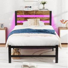 HOMERECOMMEND Ühe voodiraami USB-laadimisjaamaga, LED-voodiraam puidust peatoega, metallist platvormvoodiraam, ühe suurusega, ei vaja kastivedrusid, tugevat lamellituge, lihtne