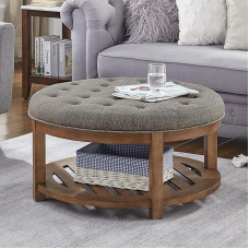 24KF Suur ümmargune pehmendusega pehmendusega linane kohvilaud Suur jalapealne Ottomani puidust riiuliga ladustamise graniidist